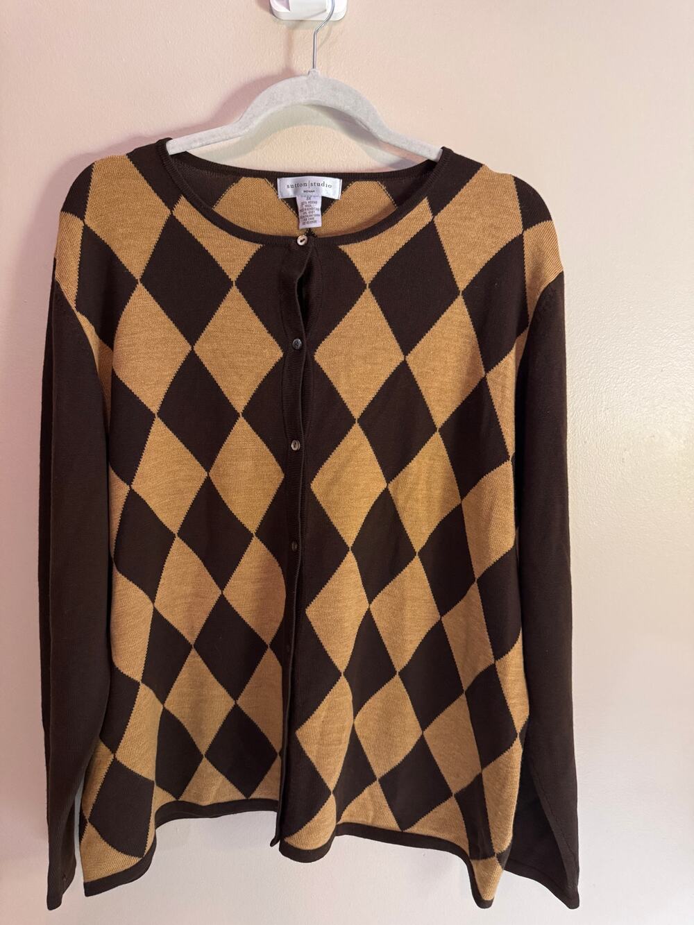 Sutton Studio 3X Merino Wool Argyle Cardigan Brown Tan